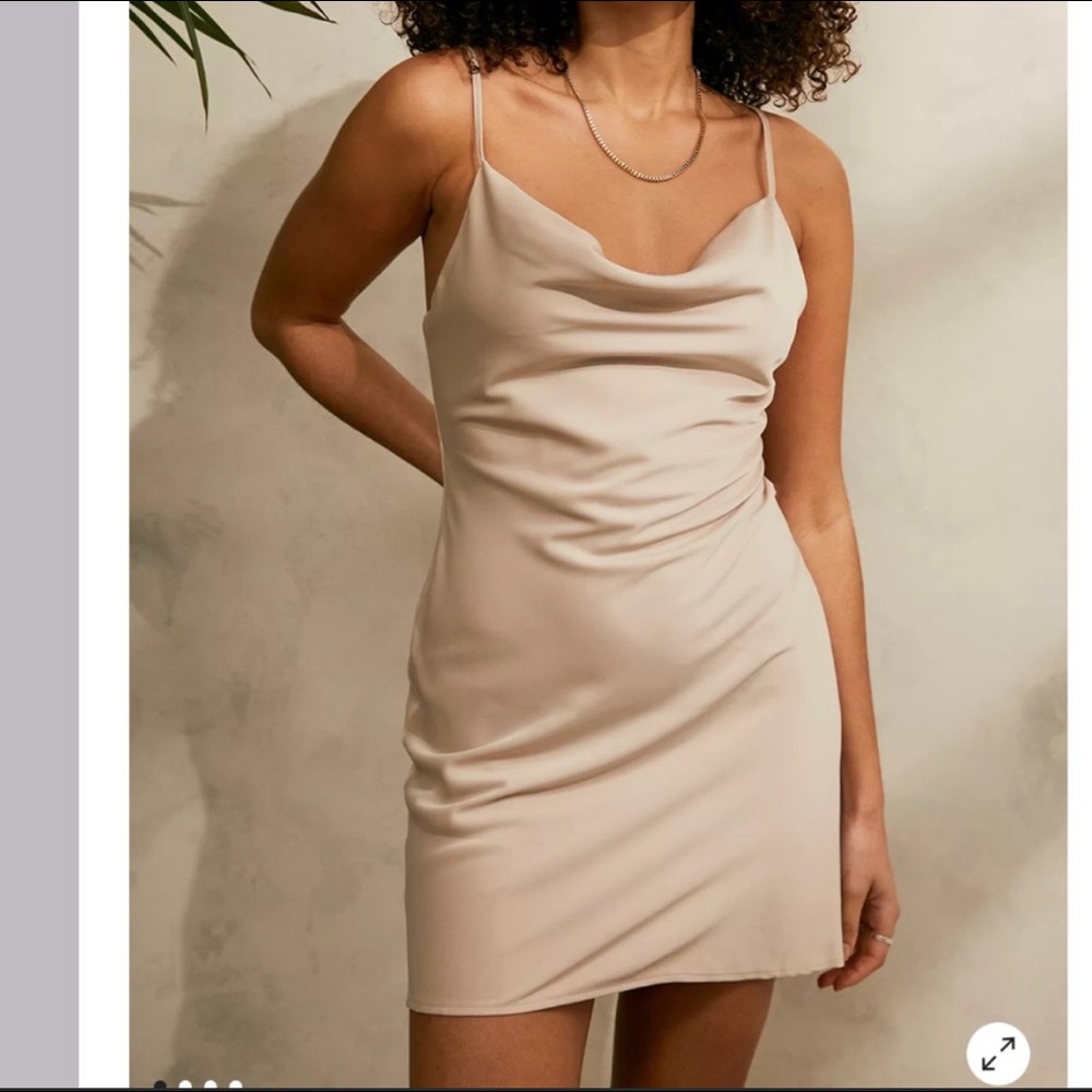 UO Champagne sleeveless satin draped mini dress